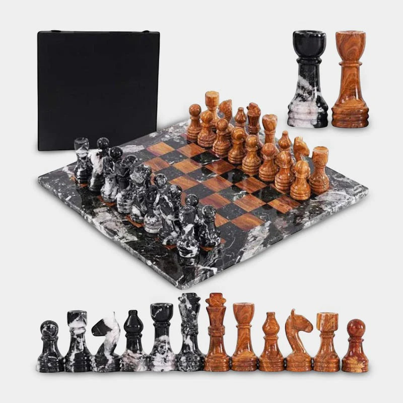 Marble 38cm Chess Set With Storage Box - Black Zebra & Red