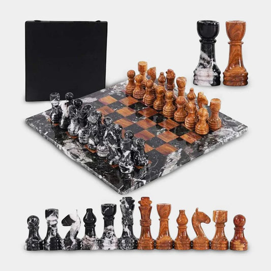 Marble 38cm Chess Set With Storage Box - Black Zebra & Red