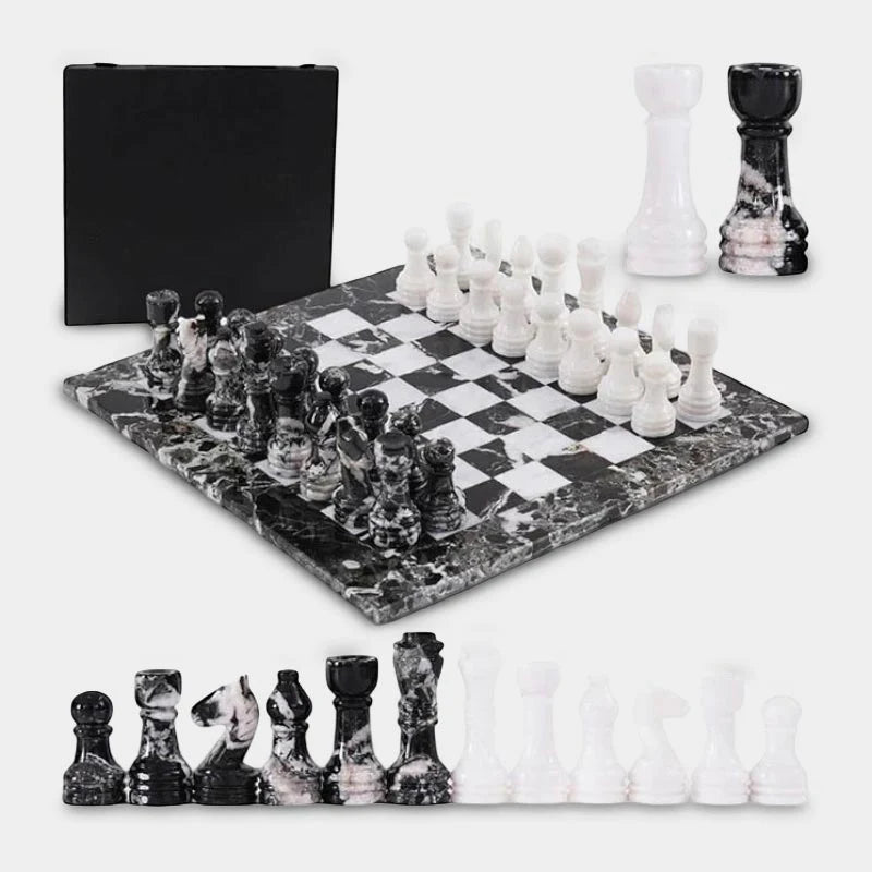 Marble 38cm Chess Set With Storage Box - Black Zebra & White