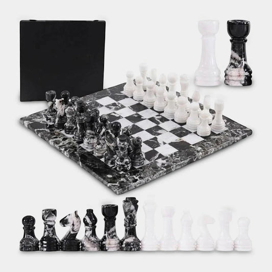 Marble 38cm Chess Set With Storage Box - Black Zebra & White
