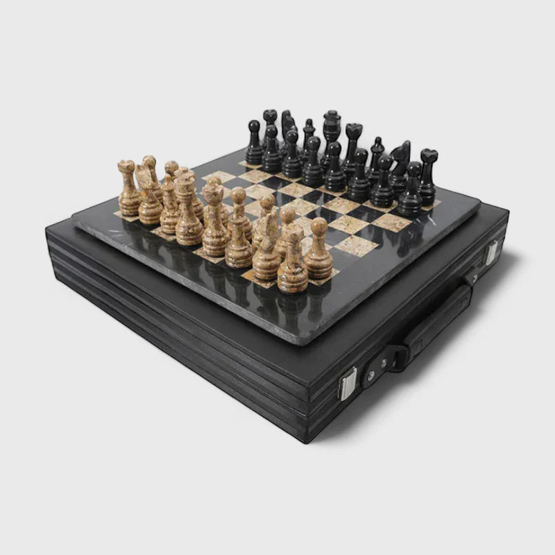 Marble 38cm Chess Set - Black & Coral
