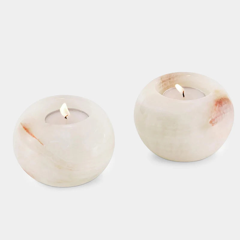 Marble Tea Light Candle Holder Set of 2 - White Onyx