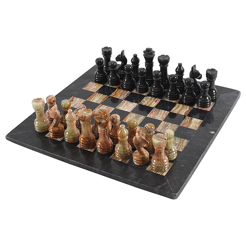 Black And Multi Green Handmade 15 Inches Premium Quality Marble Chess Set